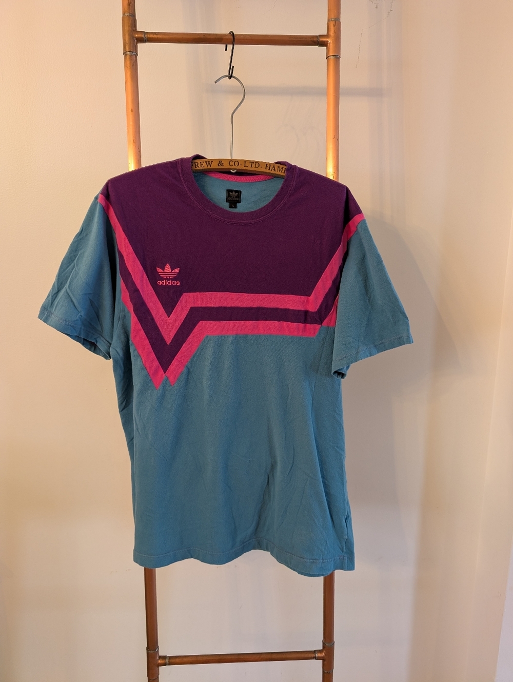 Vintage 90s/Y2K (UNISEX) - Adidas Trefoil Crew Tee - Purple, Pink & Teal - Picture 2 of 8